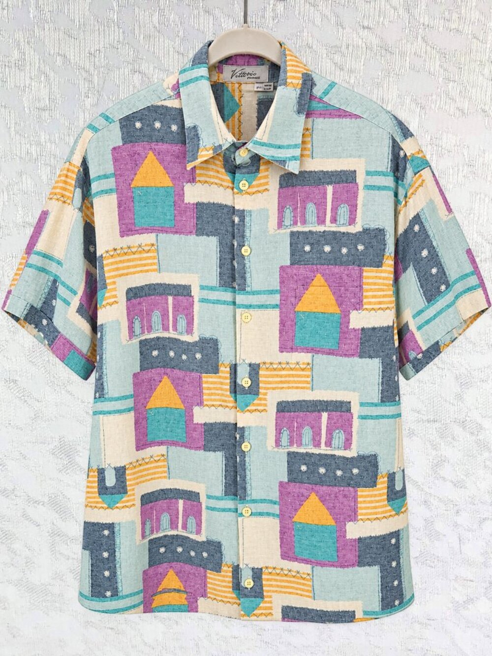 Vittorio Firenze Vintage Linen Cotton Abstract Print Shirt Short Sleeve Men’s L